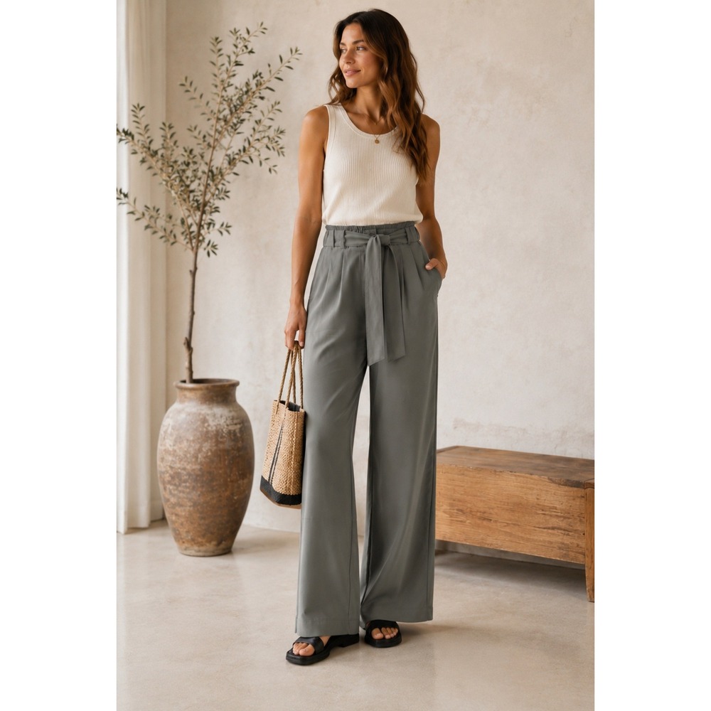 Lululemon Noir Pant Wide Leg Tie Waist Trouser Dark Olive Green Size 10